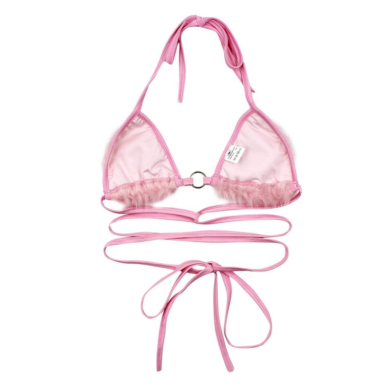 ZGMYC Women Rave Fluffy Fur Triangle Sleeveless Bra Crop Top Sexy Strappy Halter Bandage Camisole for Dance Festival Clubwear Pink, One Size - Image 5
